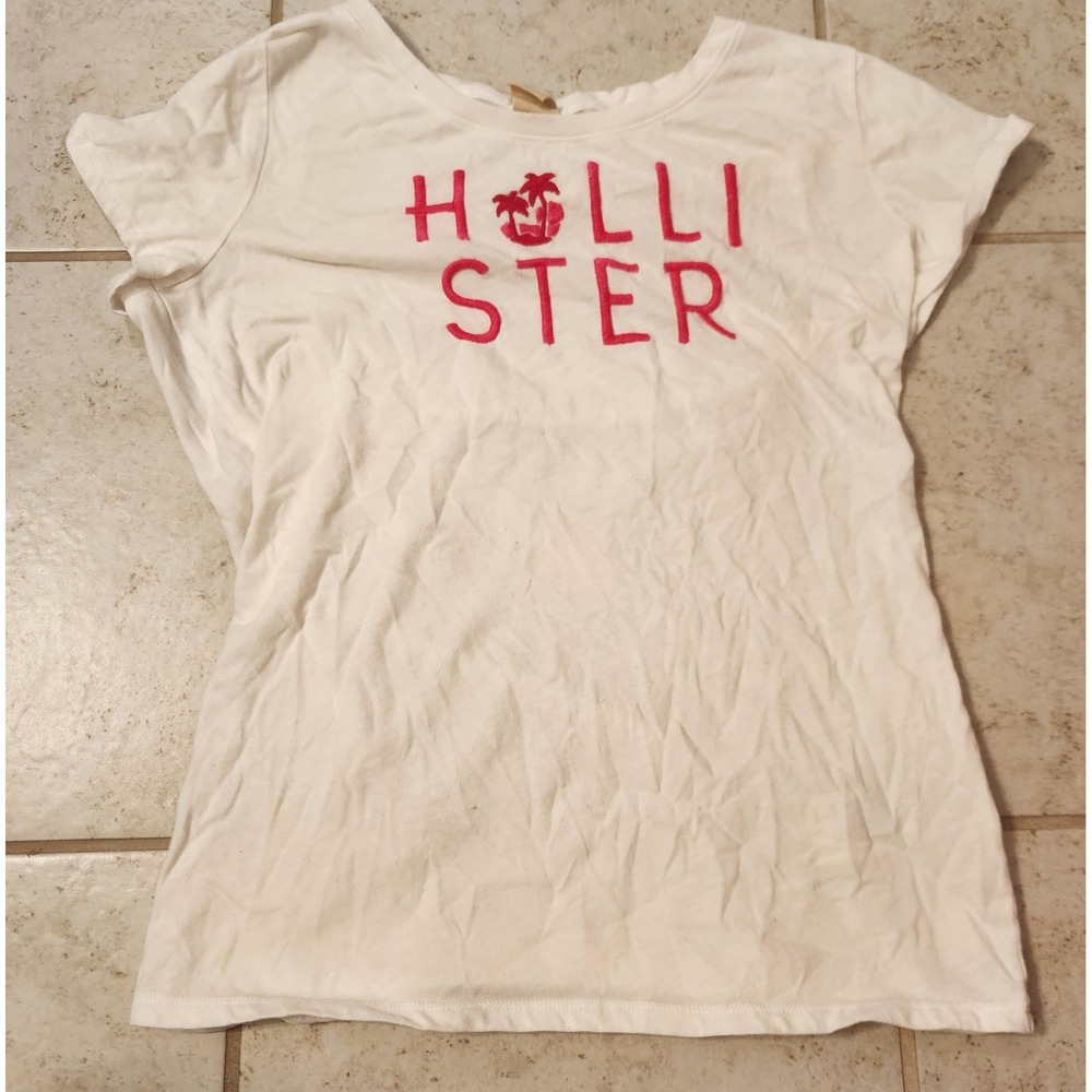 Hollister California‎ Womens Graphic Tee White Pink Embroidered Logo Size L